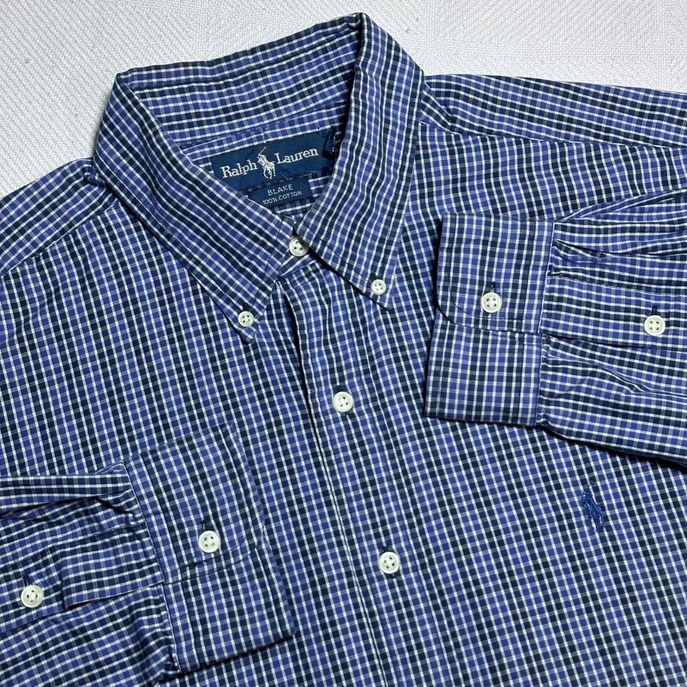 Ralph Lauren Button Down Shirt Mens XL Blake Cotton Navy Blue Check Plaid Pony
